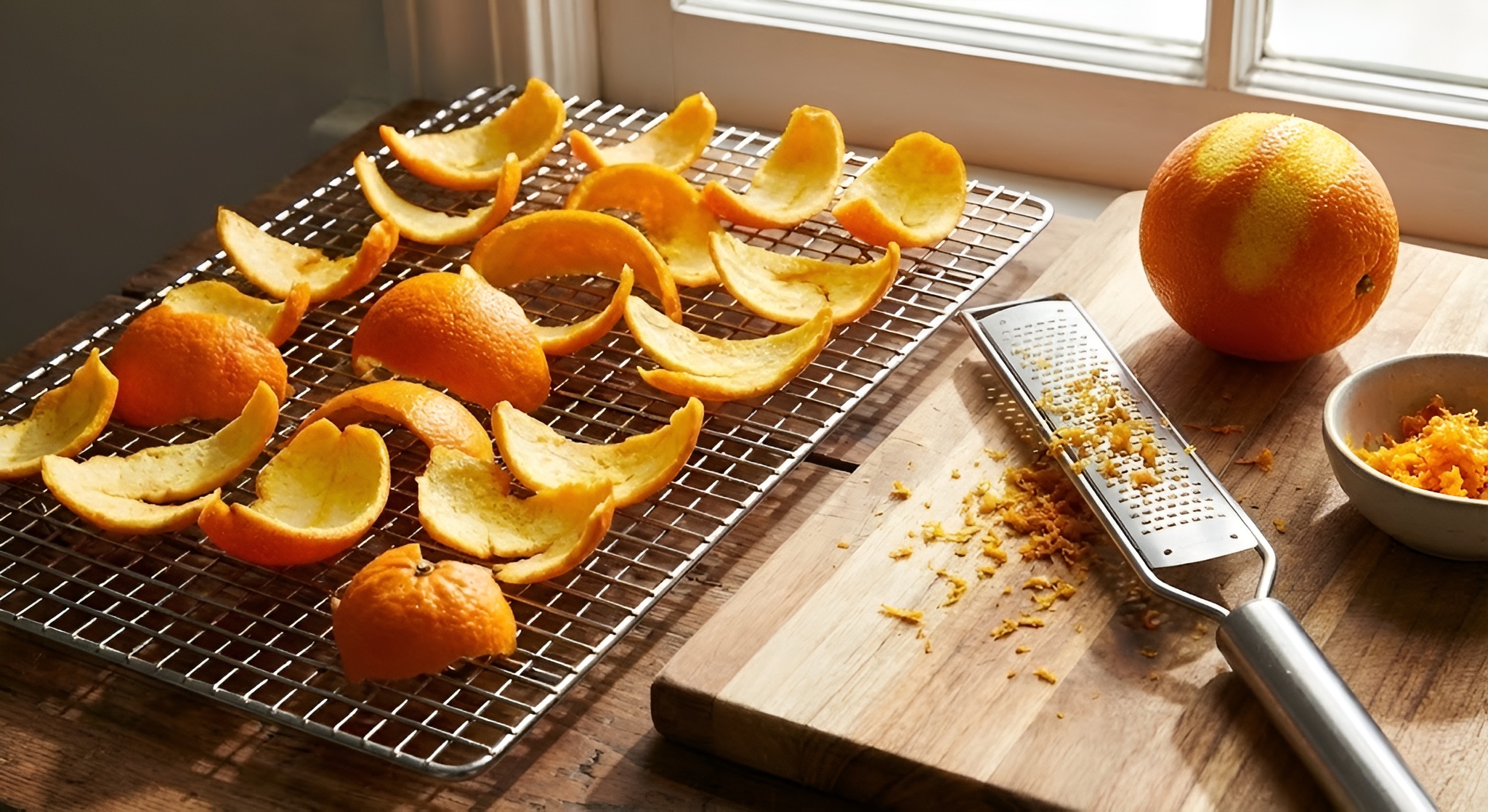 Fresh orange peels drying on a wire rack next to a zester.