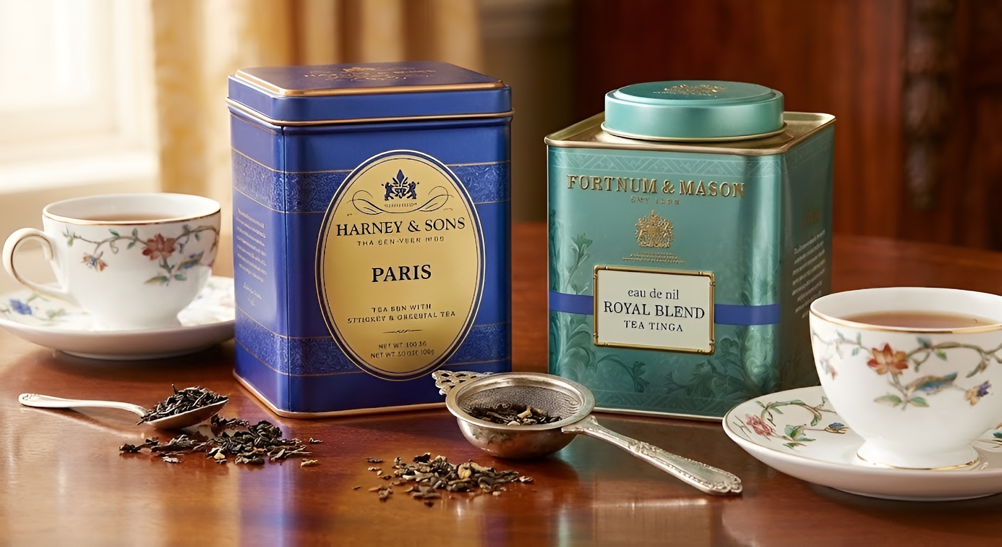 Tins of Fortnum & Mason and Harney & Sons tea side by side.