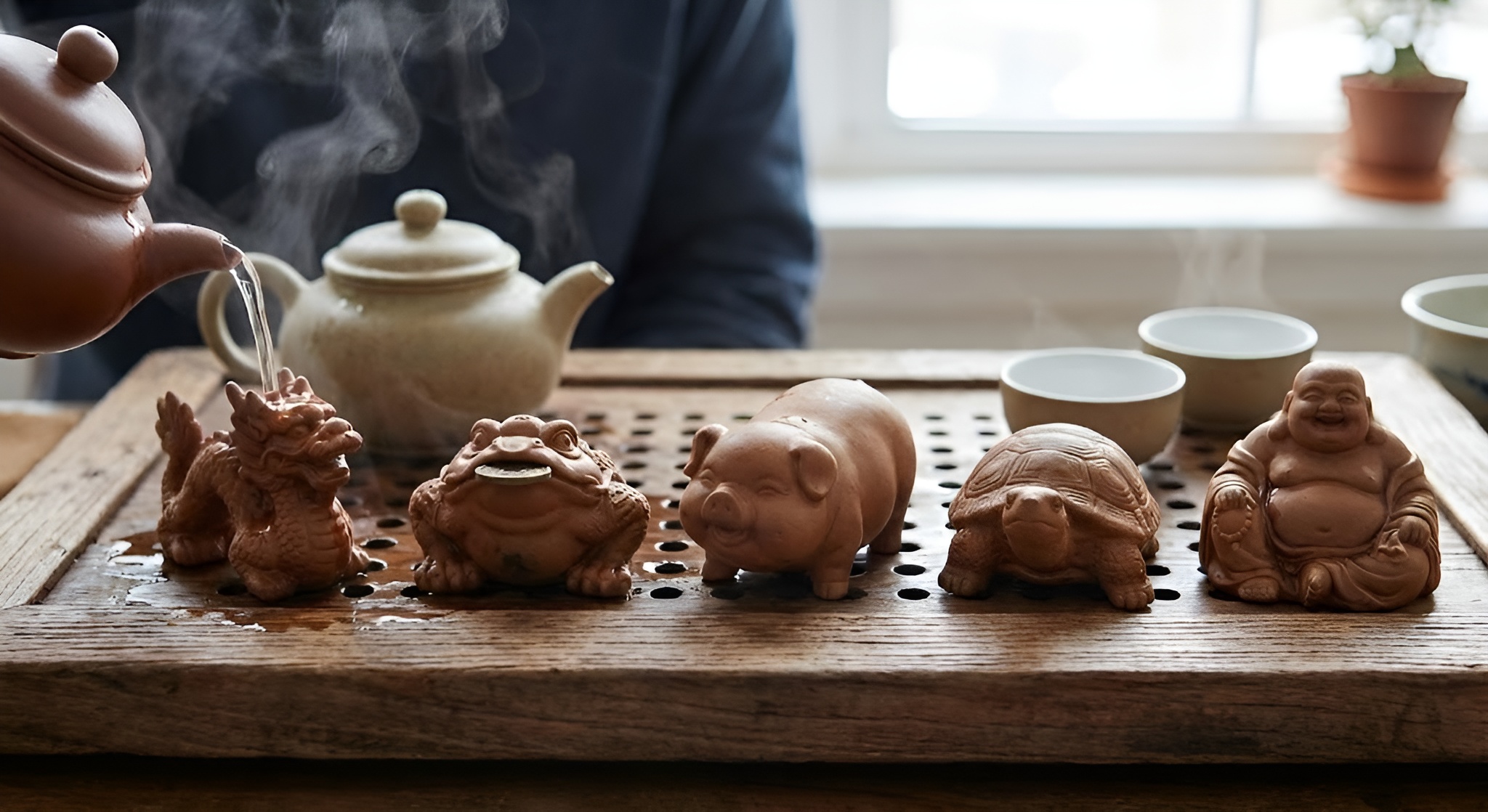 A collection of clay tea pets including a toad and pig on a tea tray.