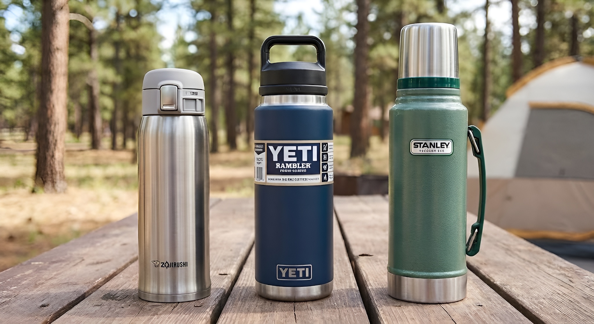 A collection of travel mugs lined up for testing.