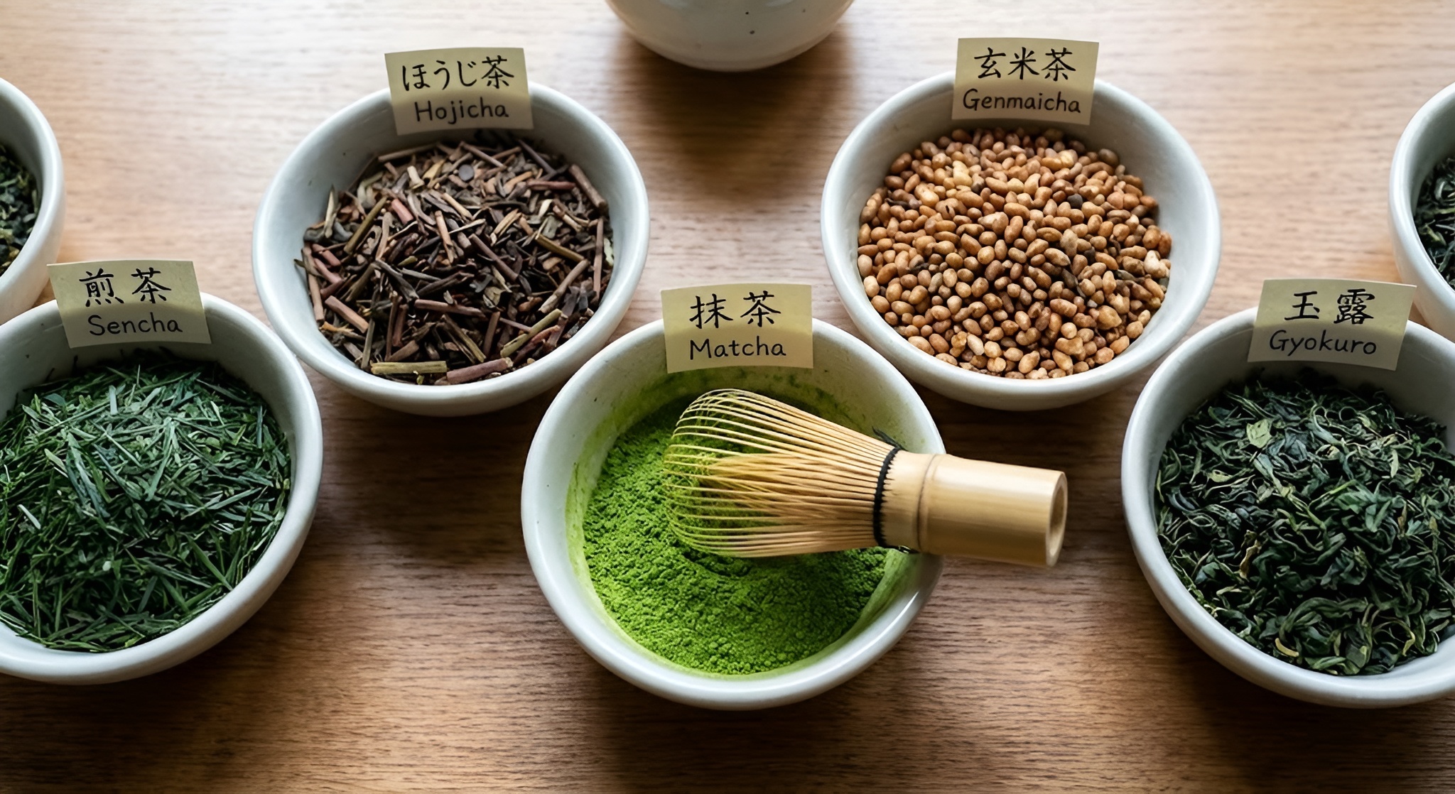 A selection of premium Uji teas including Matcha and Gyokuro.