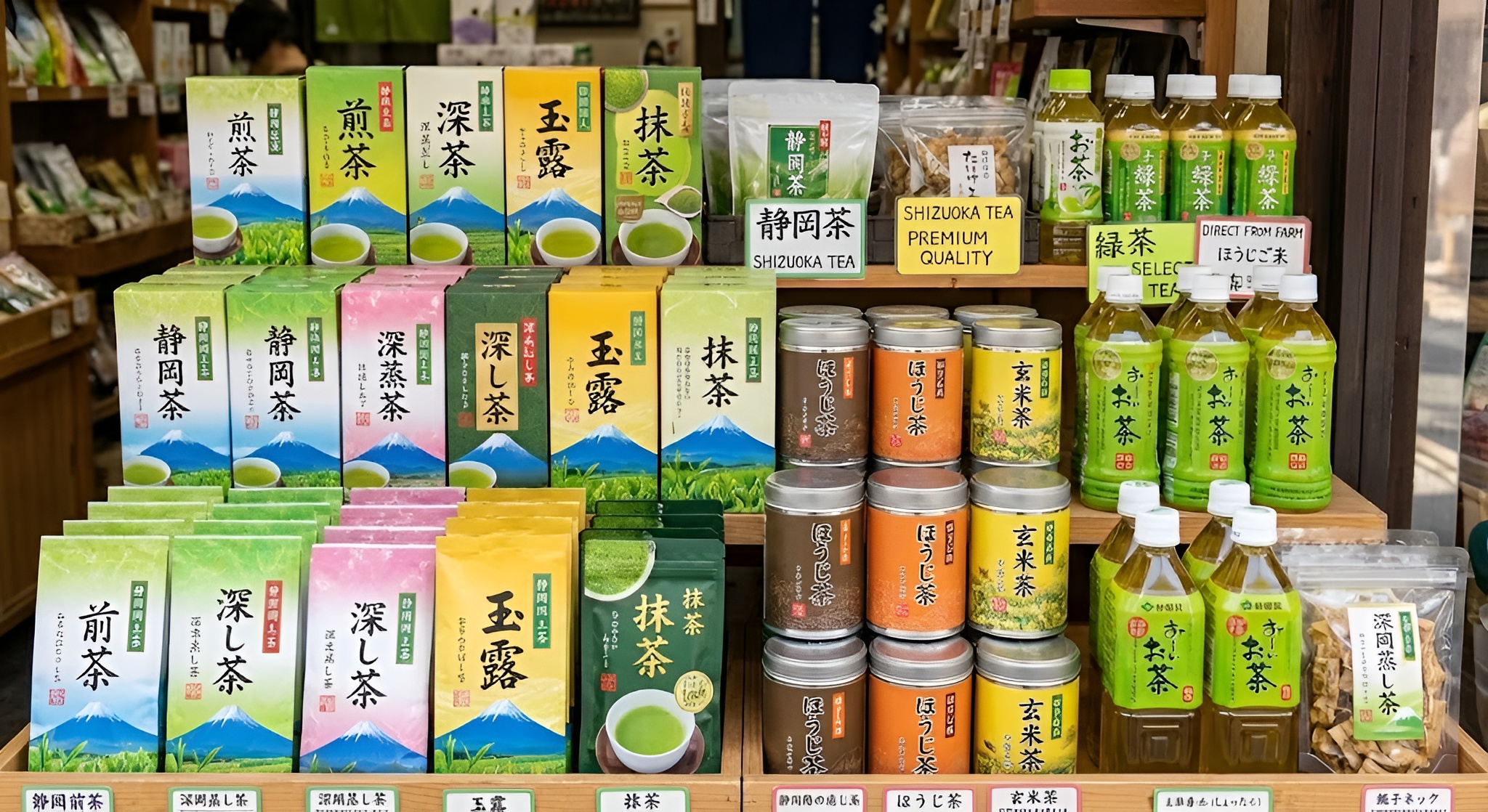 Various Shizuoka green teas on a tasting table.