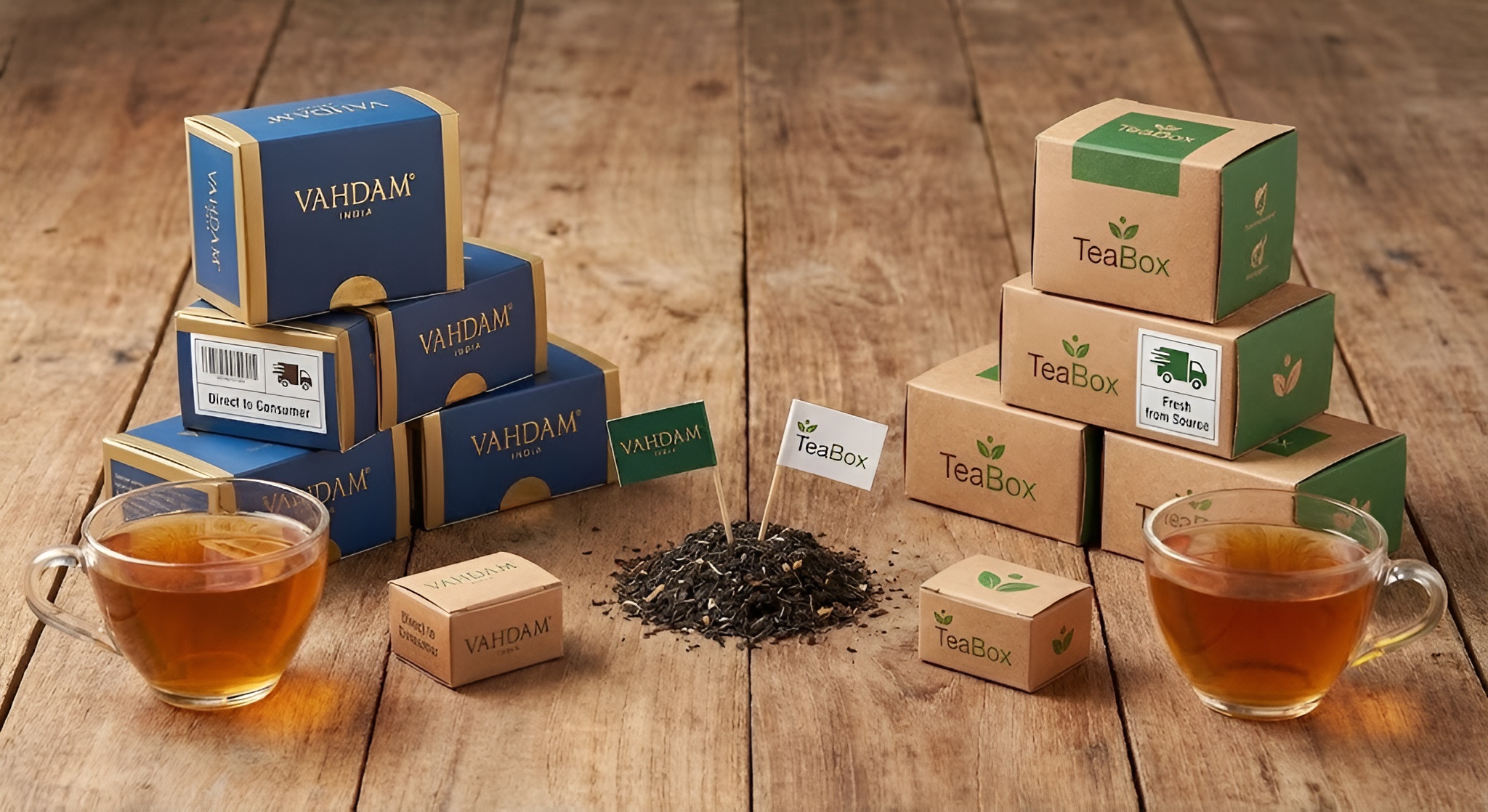 Vahdam and Teabox tea packages side by side.